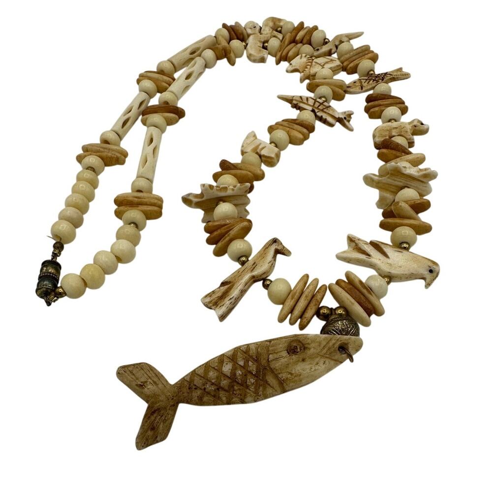 Vintage Navajo Carved Bone Necklace 13" Fish, Bird, Turtle, Bear, Lion